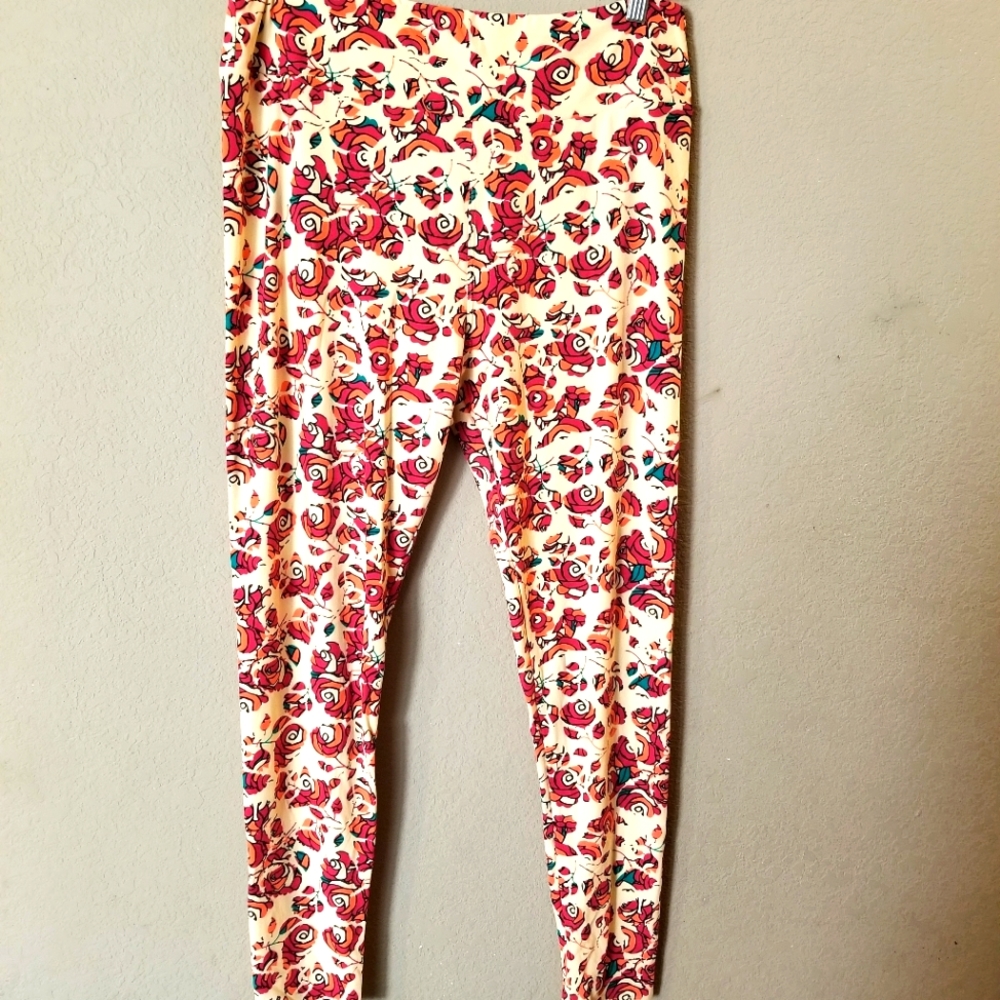 LuLaRoe Women's Leggings Beige with Pink & Orange Roses Tall & Curvy